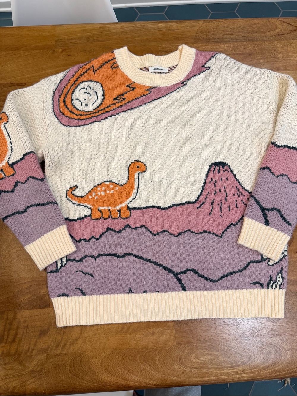 Aelfric Eden Cream, Pink & Orange Dinosaur Oversized Crewneck Sweater Size Large